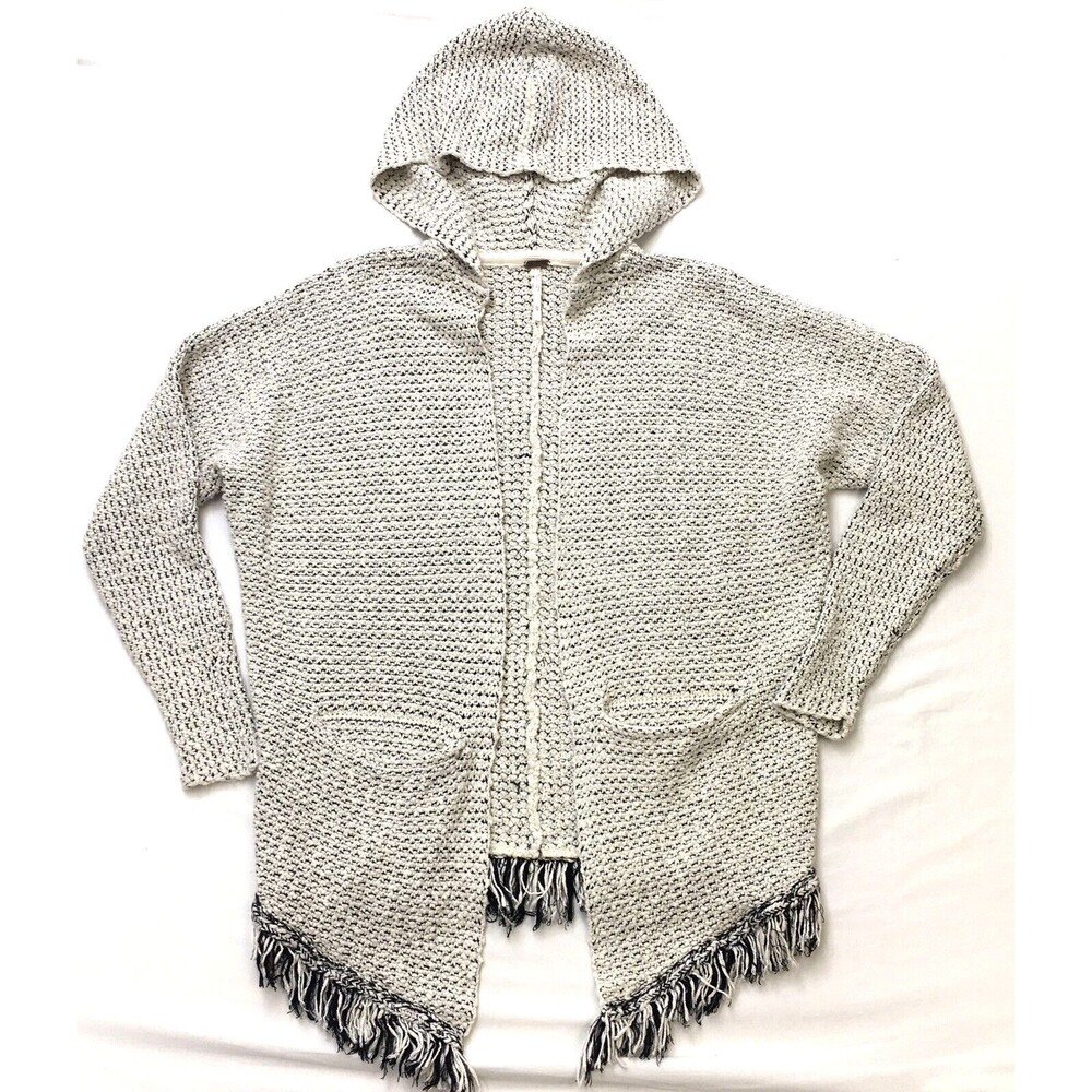 FREE PEOPLE Open Cardigan Sweater Women Sz XS Hooded Fringed Chunky Knit Pockets